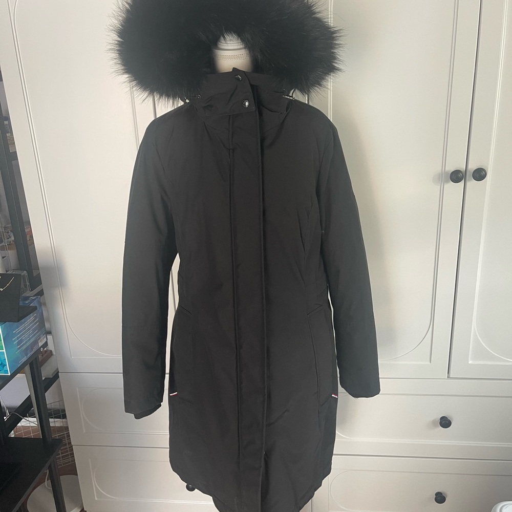 Tommy Hilfiger Black Puffer Coat with Fur Hood 3/4 length